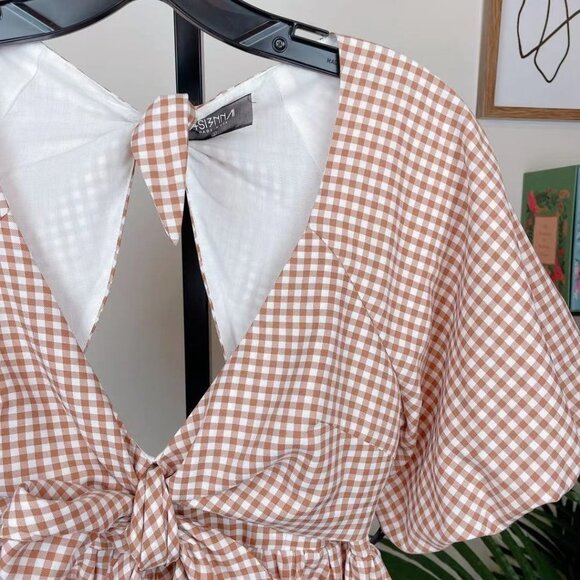 4si3nna Brown Gingham Valentina Short Sleeve Blouse Top SIZE Small NWT - Picture 3 of 4